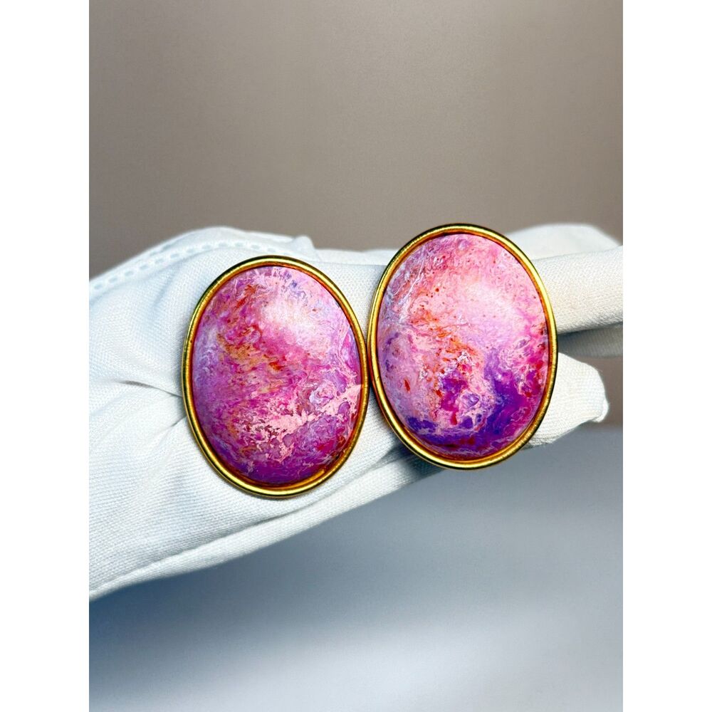 1980s Kate Hines Clip On Earrings Pink Purple 1.7"